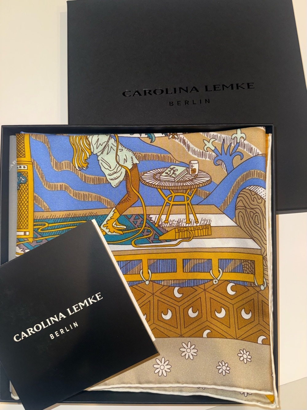 NEW Carolina Lemke Golden Dunes Silk Scarf Hand Rolled Edges Graphic Statement
